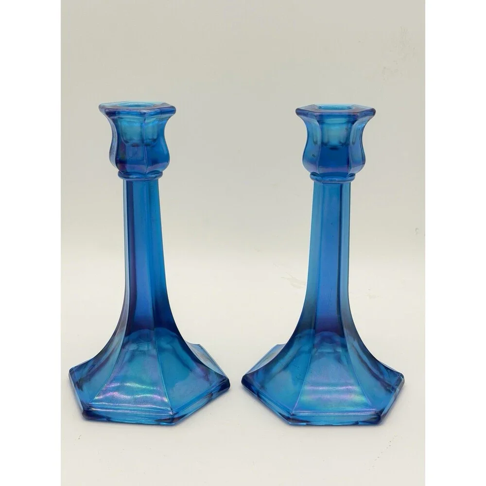 Fenton Florentine Celeste Blue Iridescent Carnival Art Glass Candle Sticks